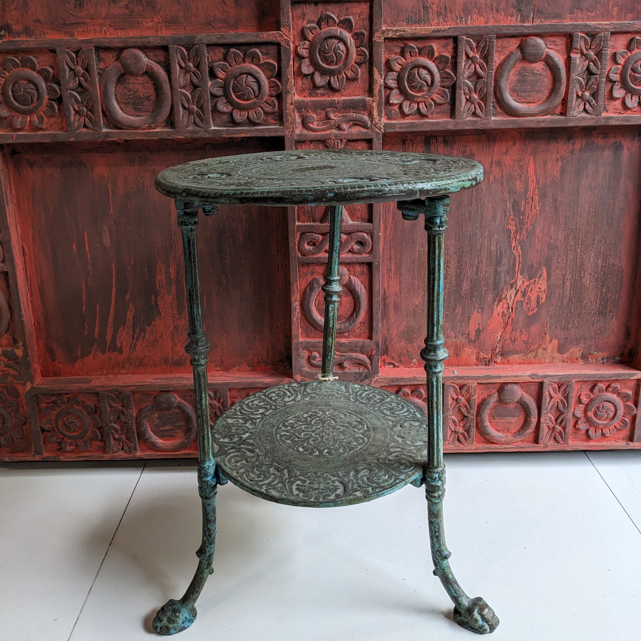 Distressed Dark Green Cast Iron Table/plant stand