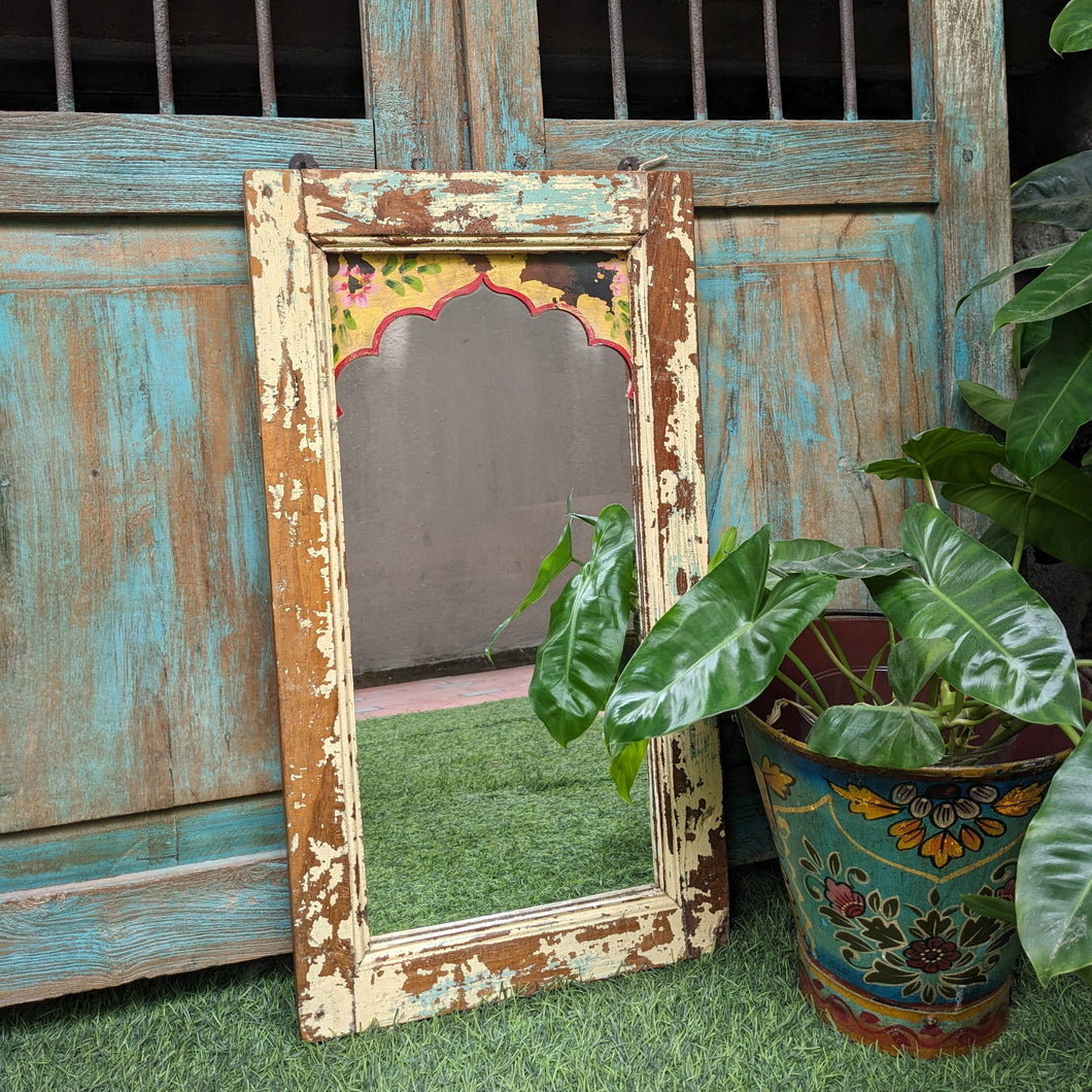 Distressed Yellow Jharokha Mirror with hand painted details