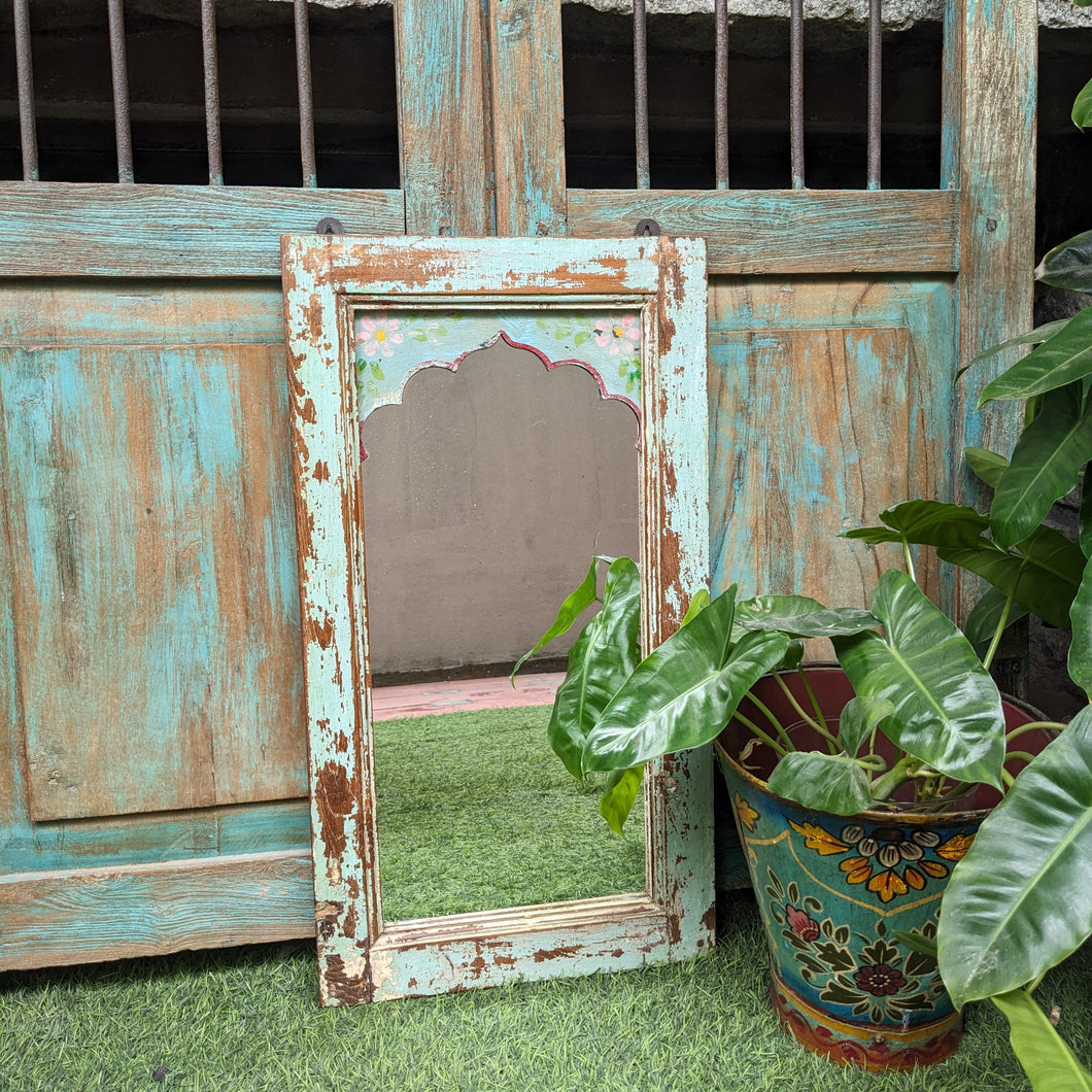 Distressed Blue Jharokha Mirror with hand painted details