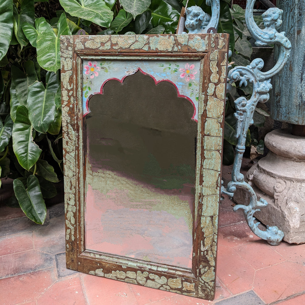 Distressed Green Jharokha Mirror with hand painted details