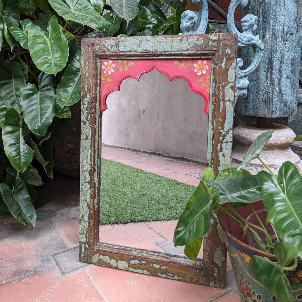 Distressed Green-Brown Jharokha Mirror with hand painted details