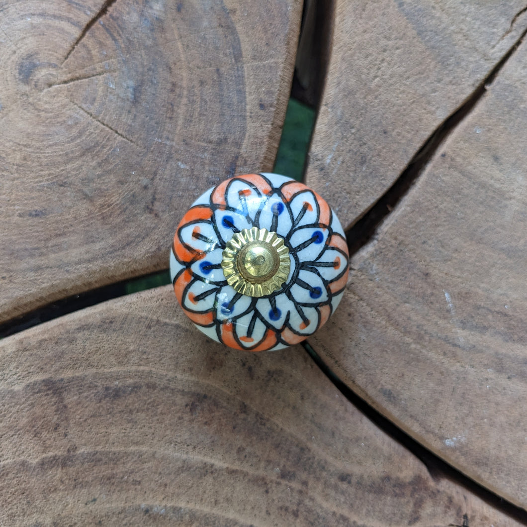 Orange and Blue Floral print ceramic knob