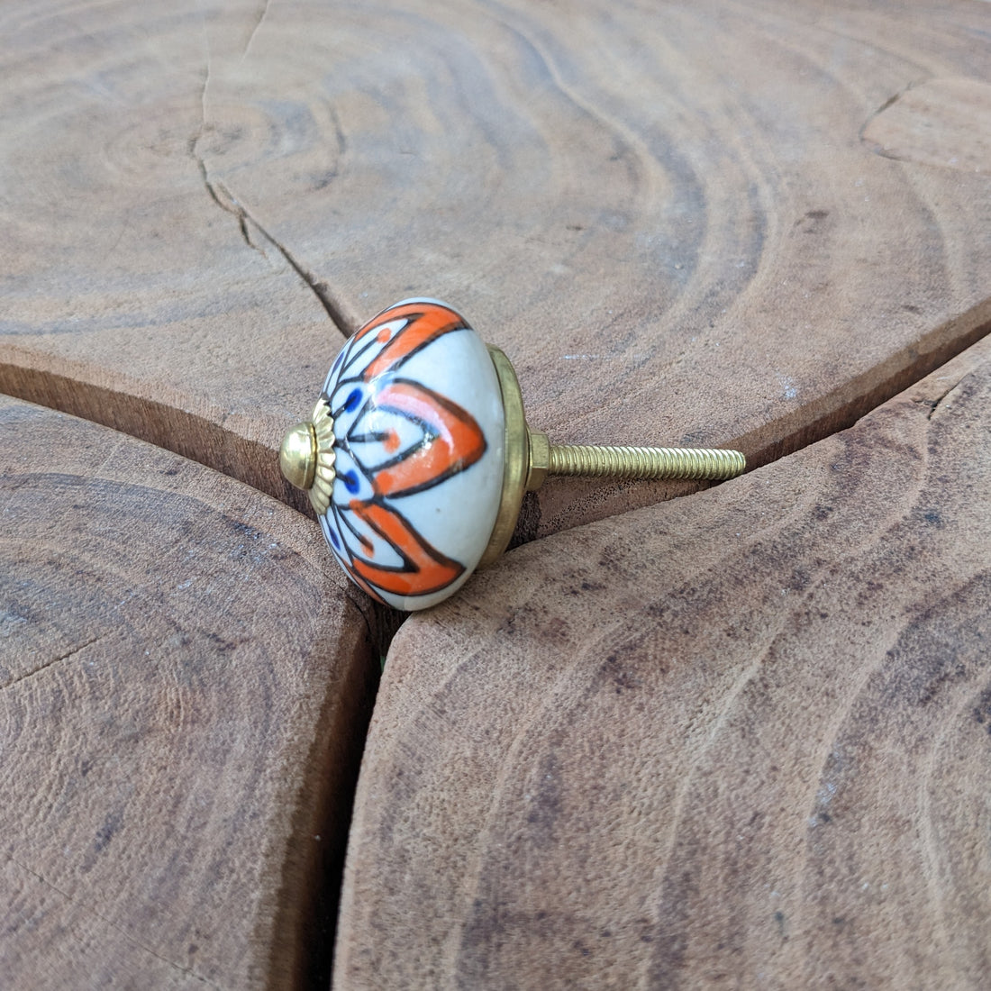 Orange and Blue Floral print ceramic knob