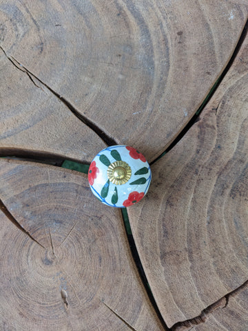 Red and White Floral Ceramic Knob