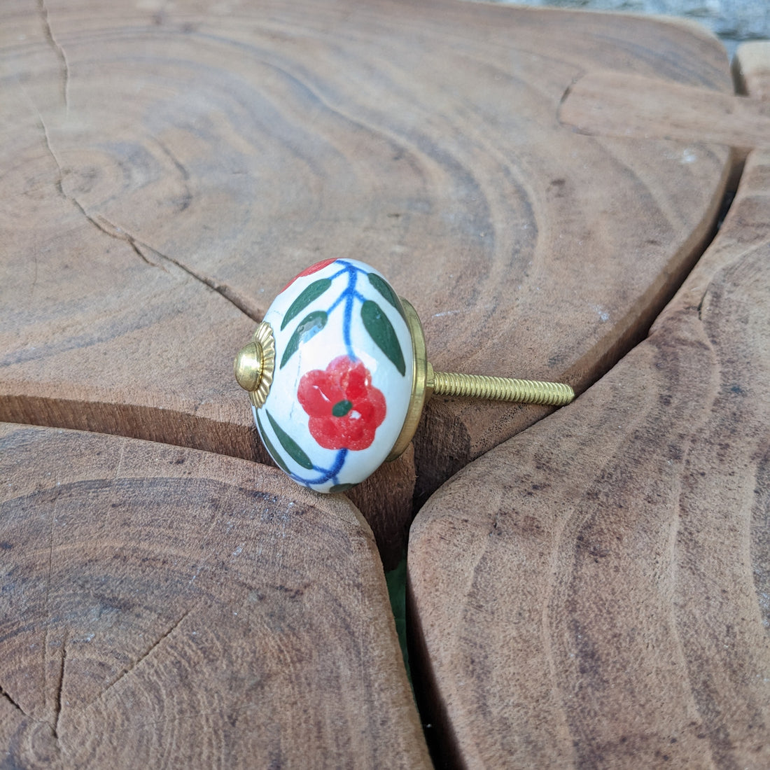 Red and White Floral Ceramic Knob