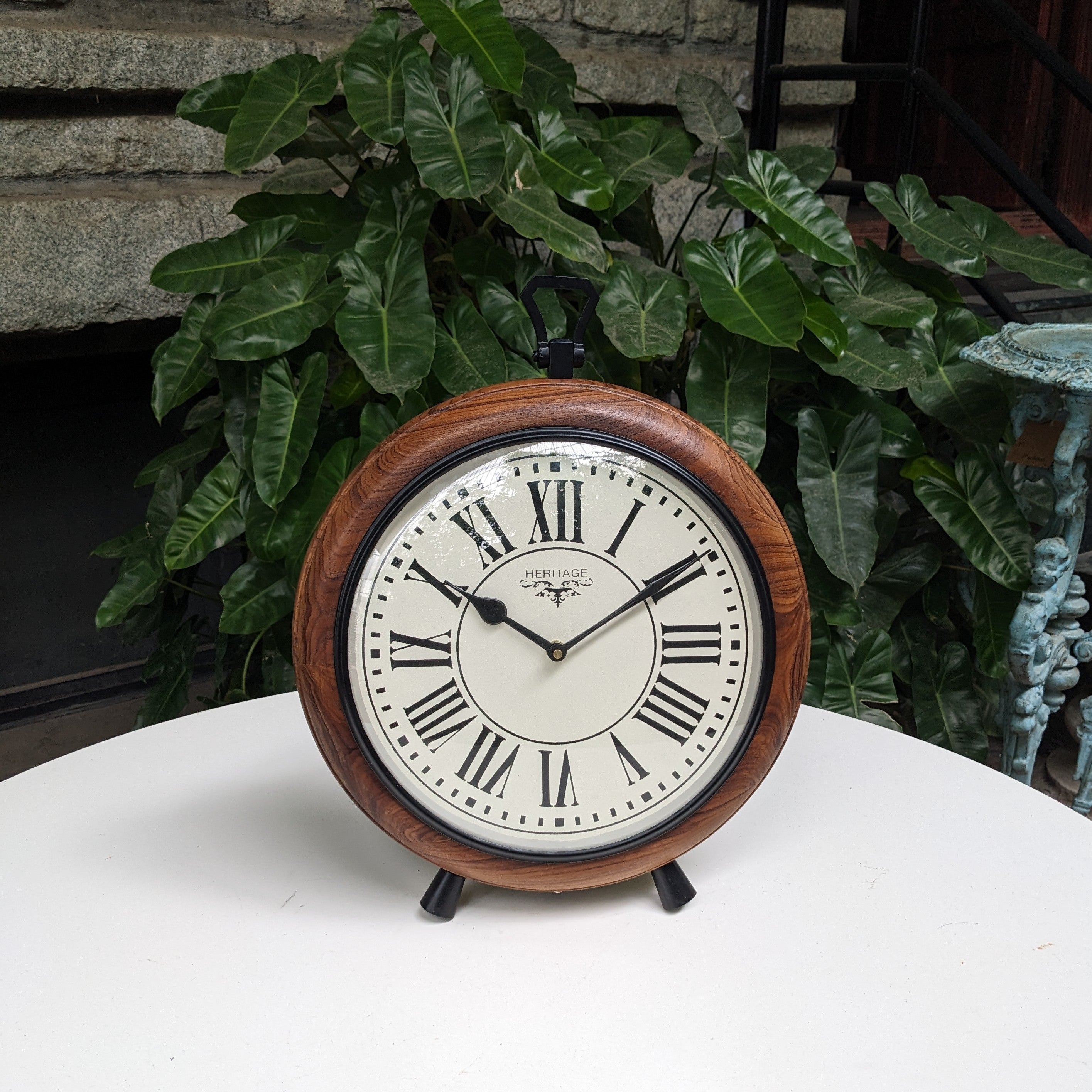 Round Wooden Table Clock with Roman numbers