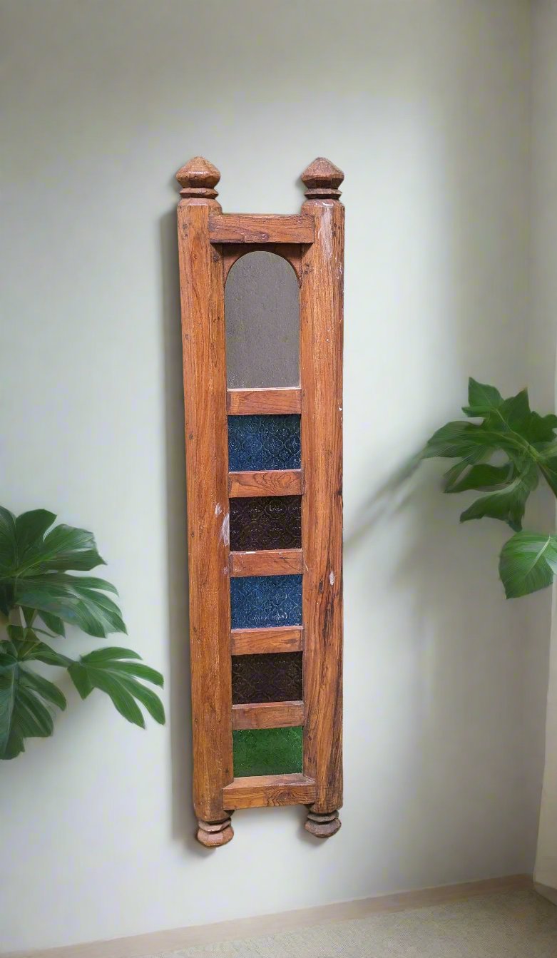 Wall Decor in TeakWood with mirror and coloured glass