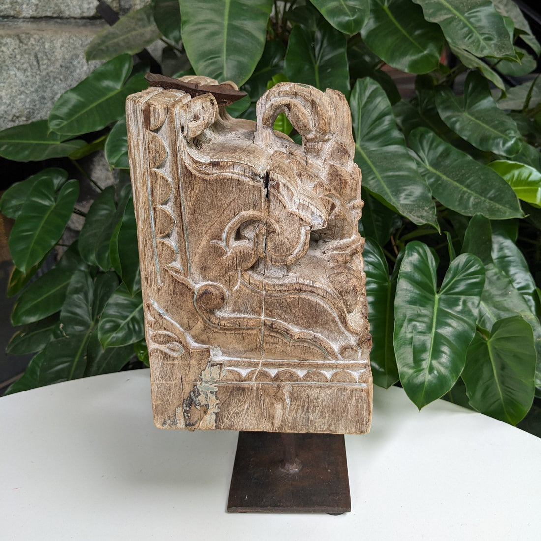 Carved Wooden Table Accent and Candle holder in Distressed Beige