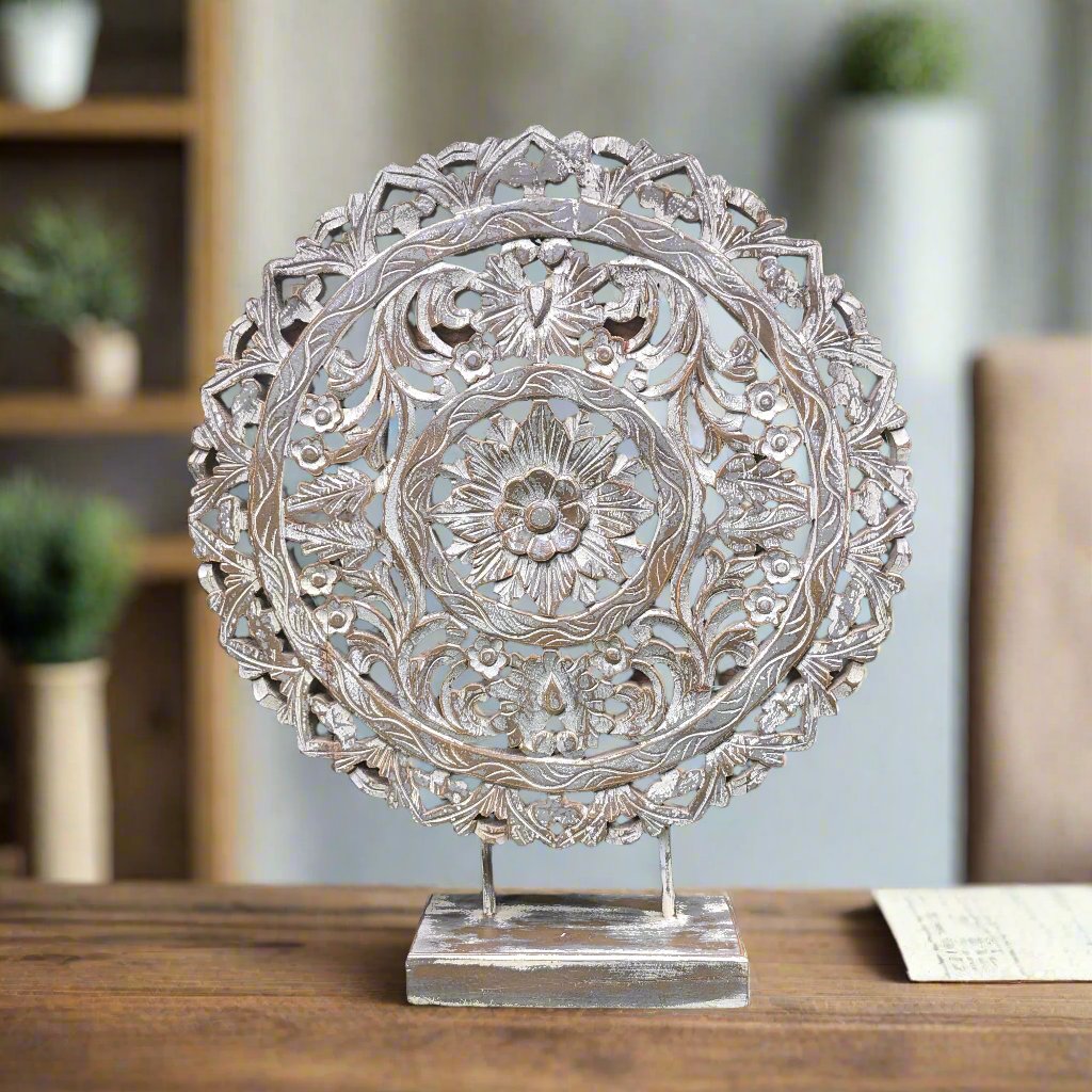 Round Carved Wooden Table Accent