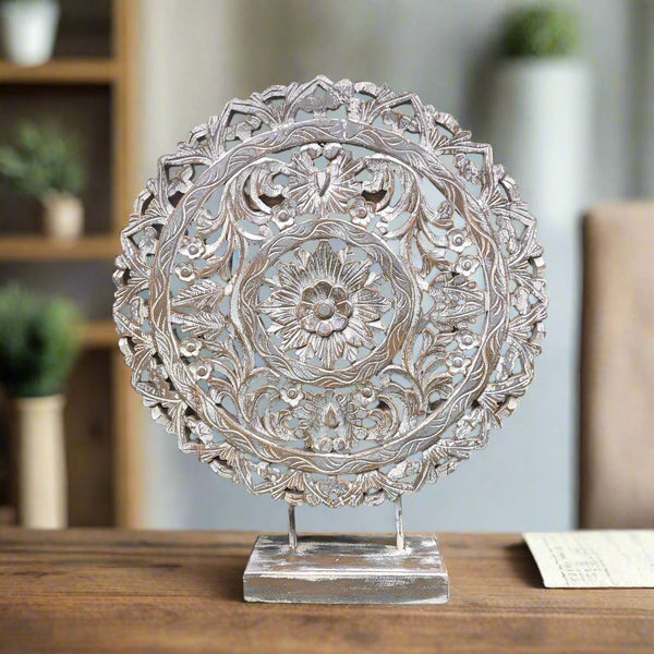 Round Carved Wooden Table Accent