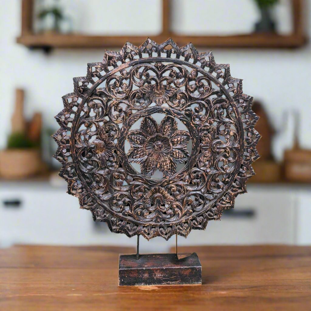 Round Carved Wooden Table Accent
