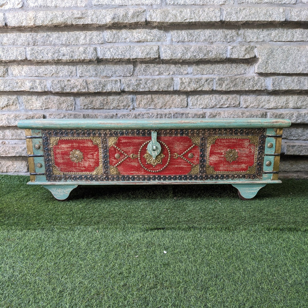 Turquoise Blue and Red Trunk with brass details