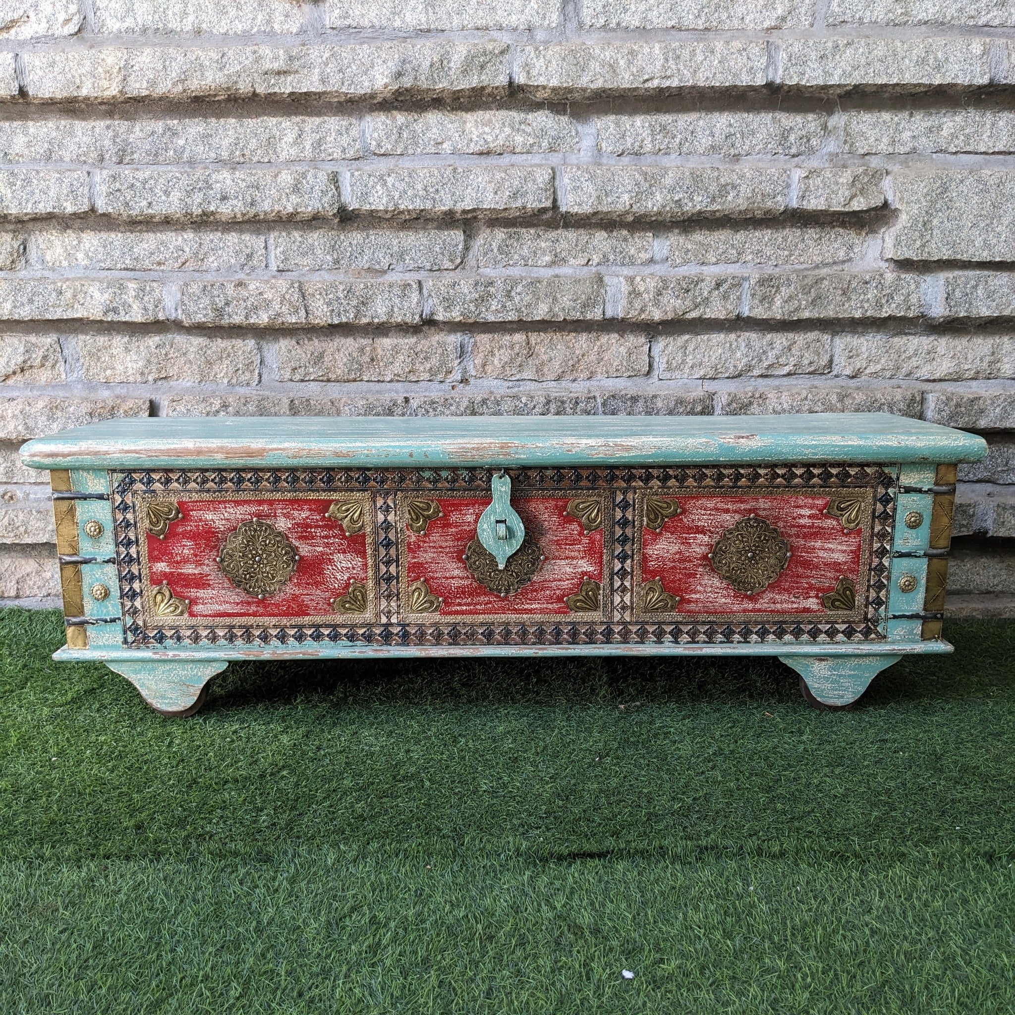 Turquoise Blue and Red Trunk with brass details