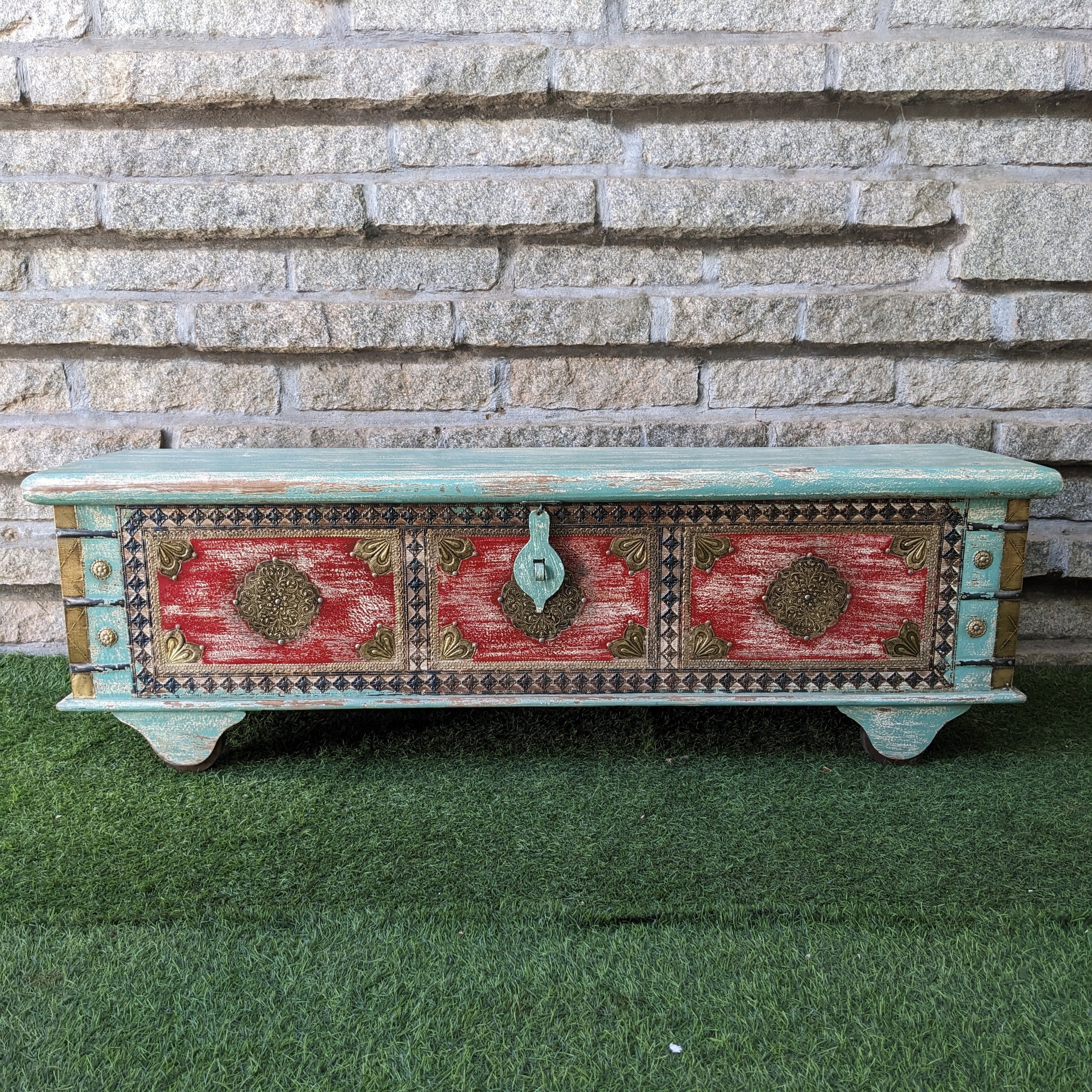 Turquoise Blue and Red Trunk with brass details