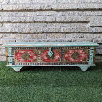 Turquoise Blue and Red Trunk with brass details