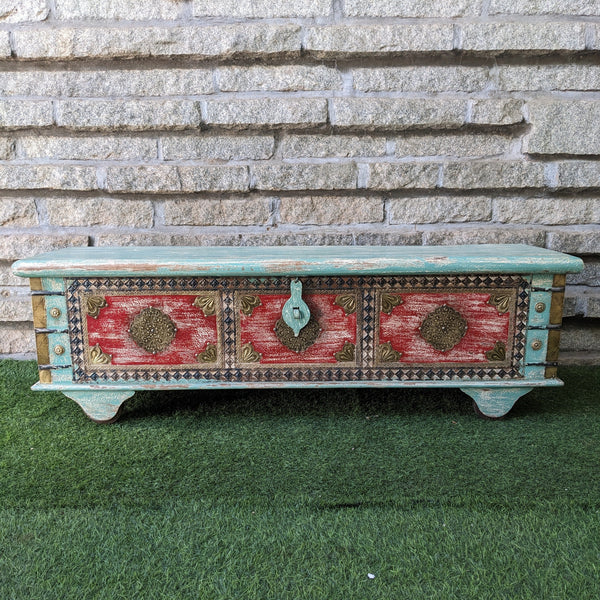 Turquoise Blue and Red Trunk with brass details