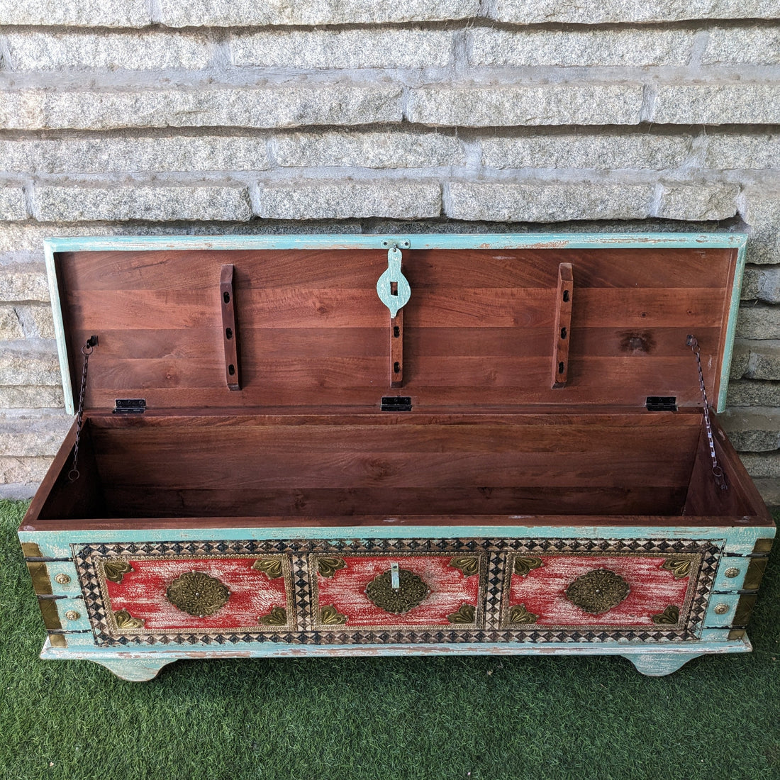Turquoise Blue and Red Trunk with brass details