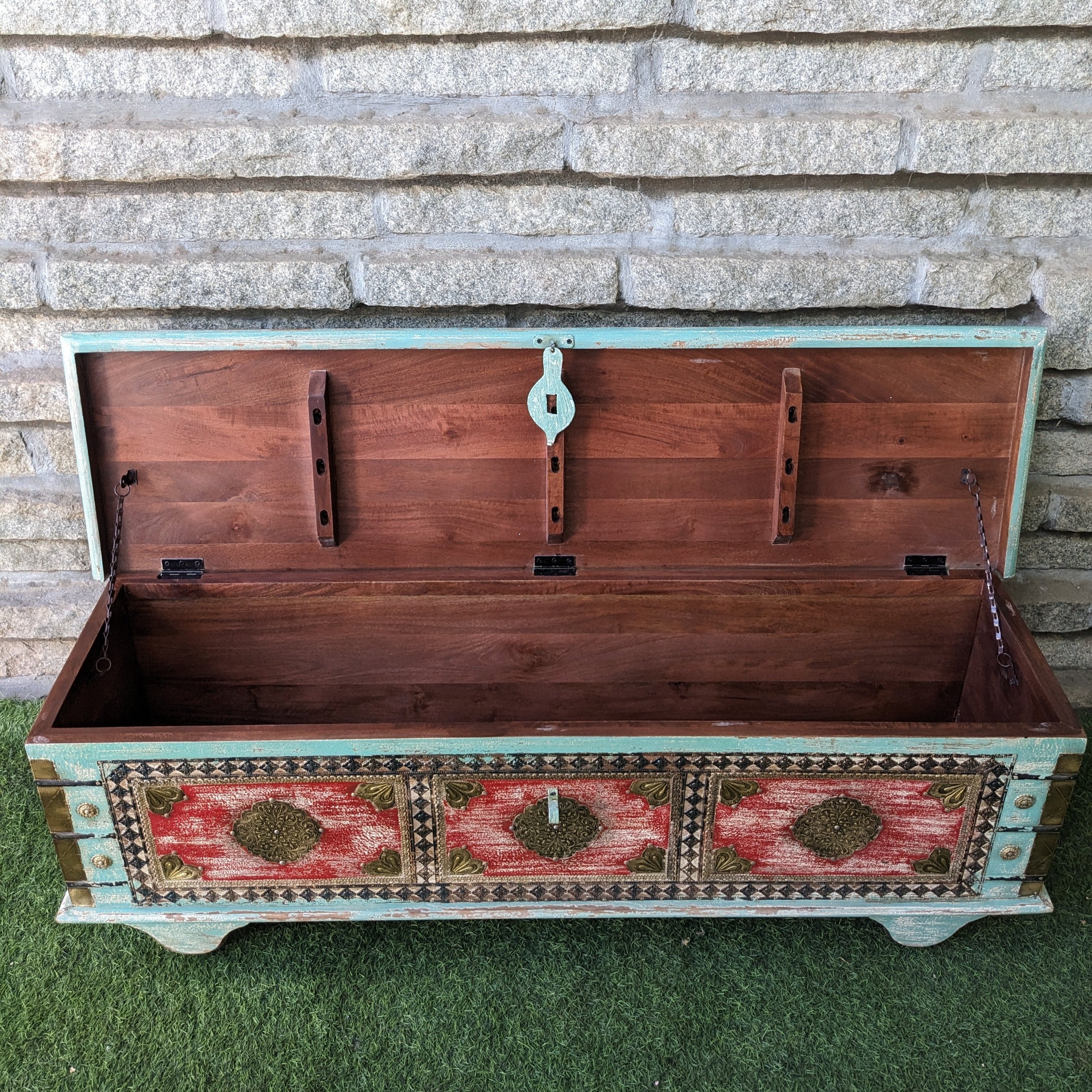 Turquoise Blue and Red Trunk with brass details