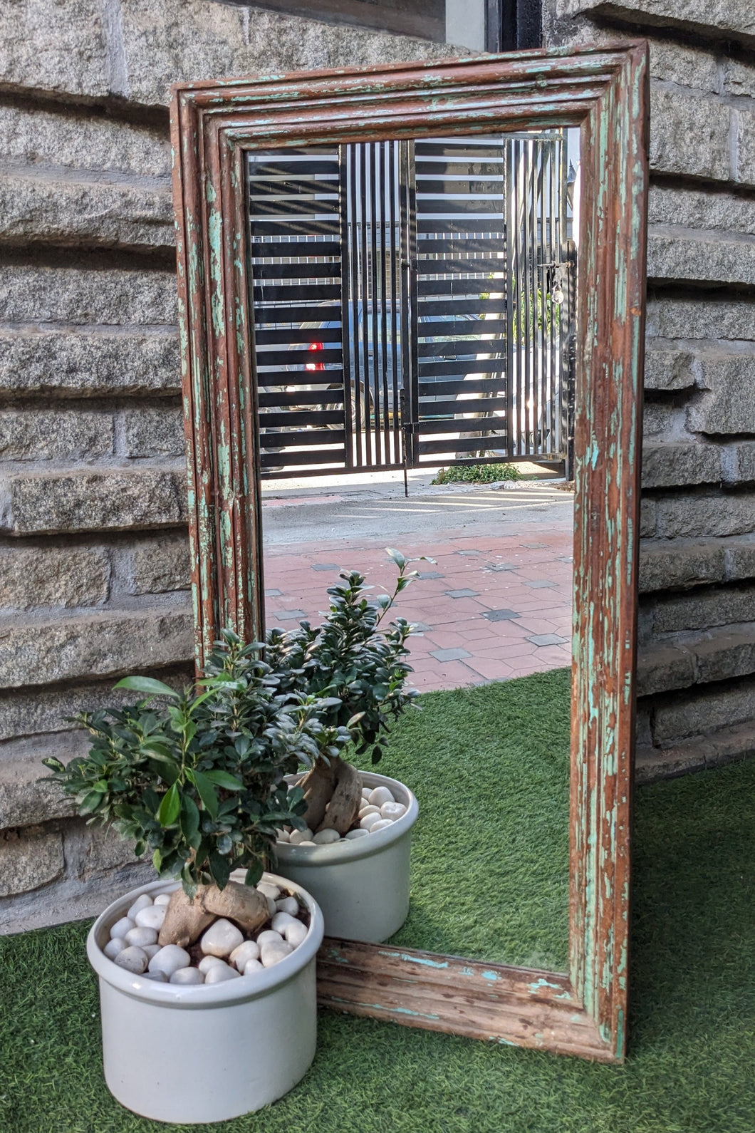 Distressed Brown-Green Wooden Frame with Mirror