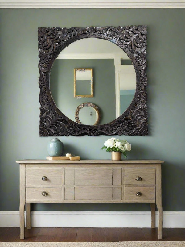 Carved Wooden Frame with Round Mirror