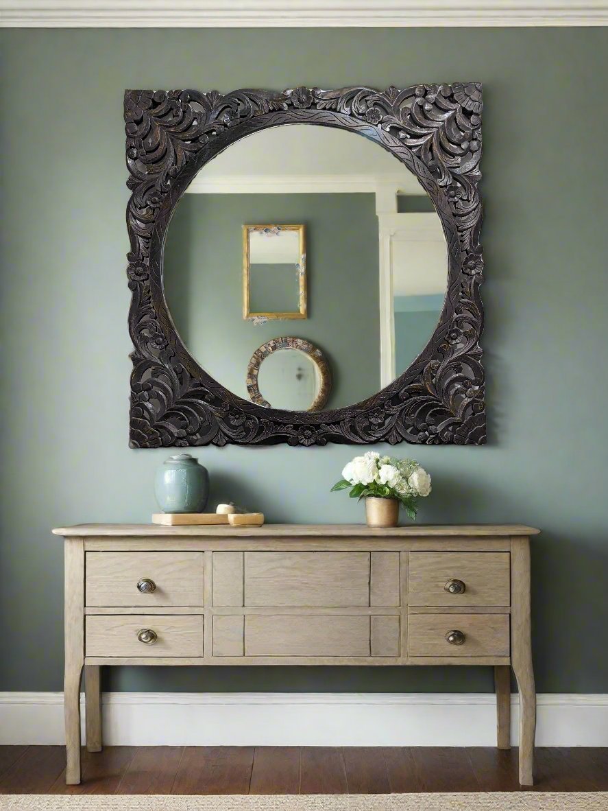 Carved Wooden Frame with Round Mirror