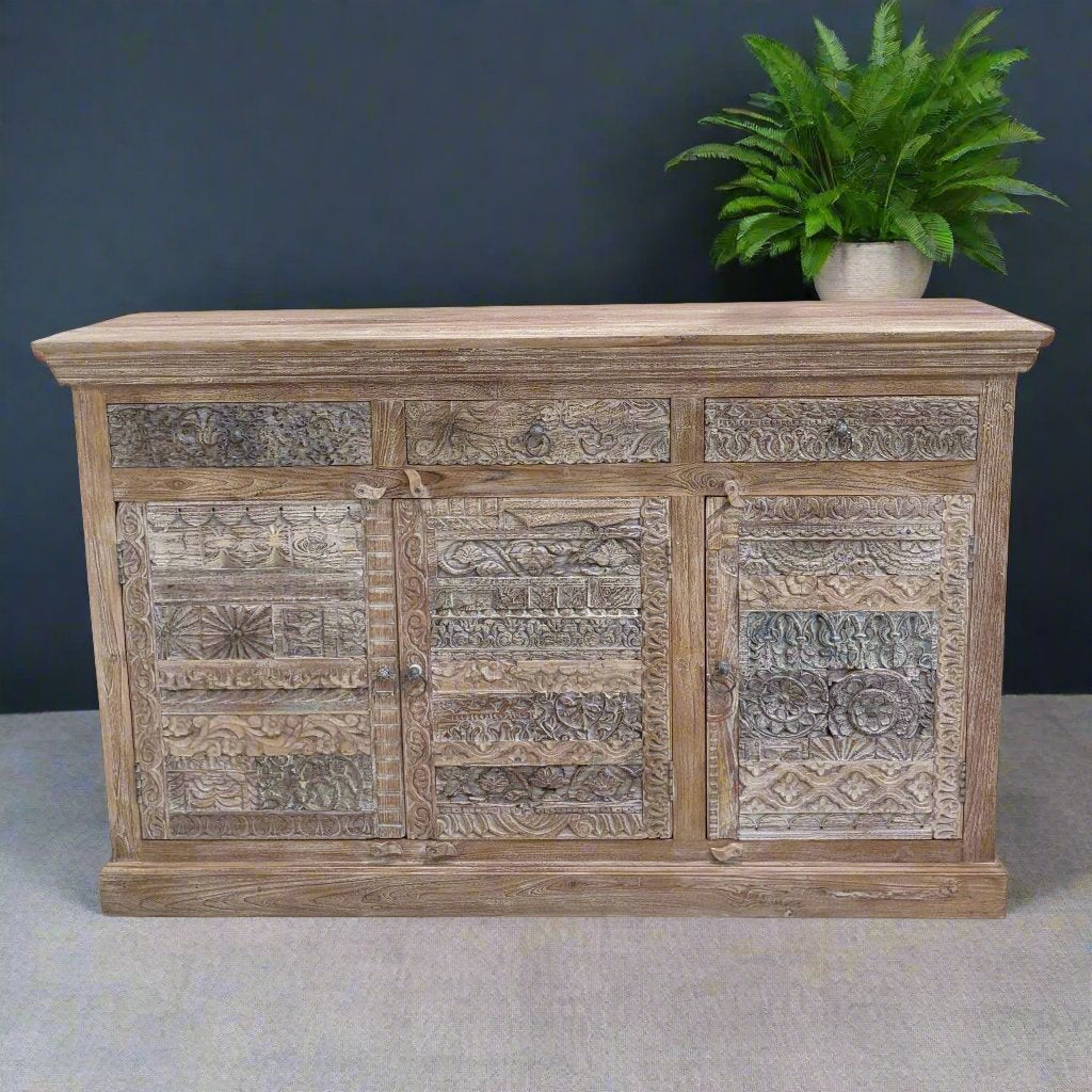 Distressed Carved Wooden Sideboard