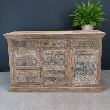 Distressed Carved Wooden Sideboard