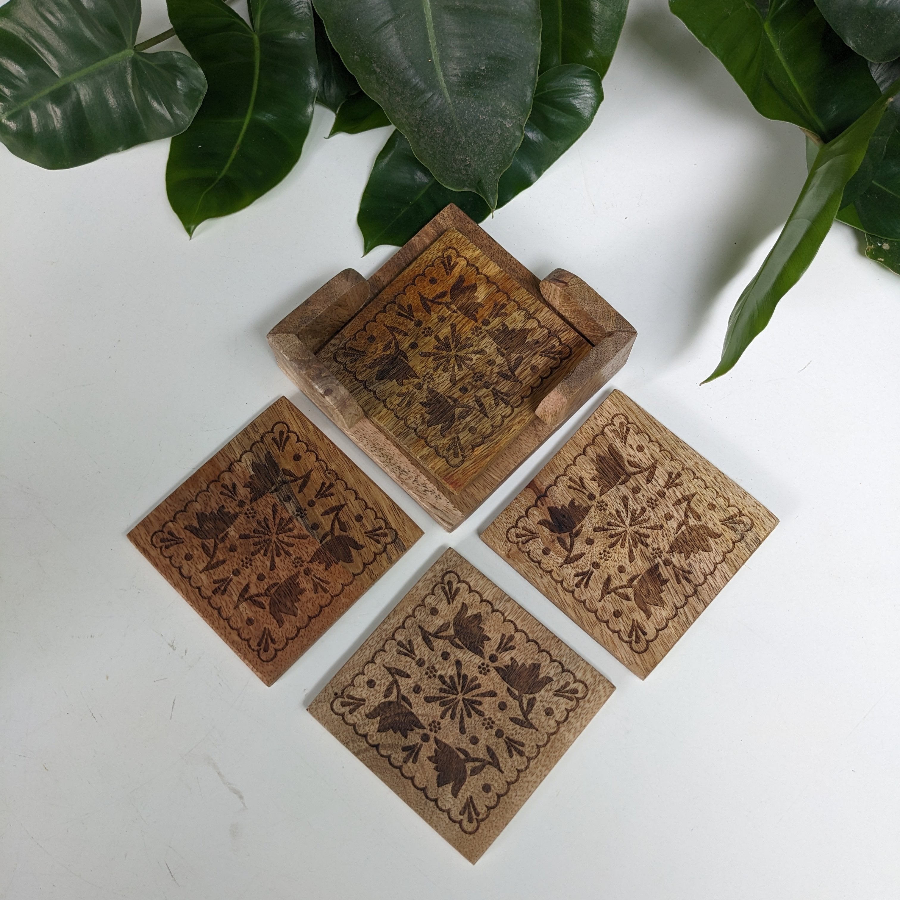 Wooden Coasters with holder (set of four)