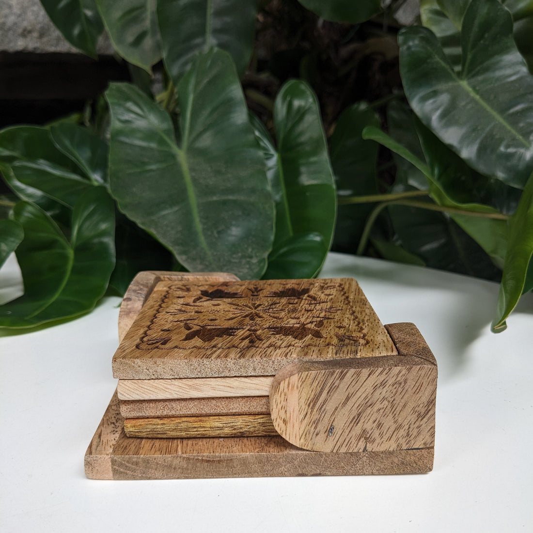 Wooden Coasters with holder (set of four)