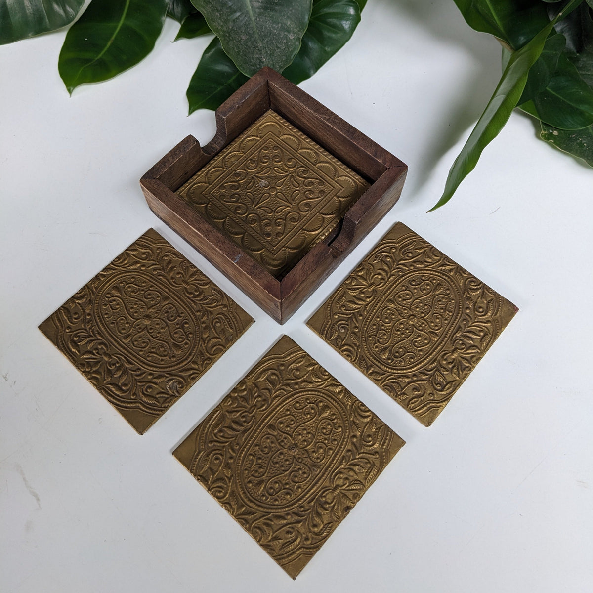 Wooden Coasters with brass emboss (set of four)