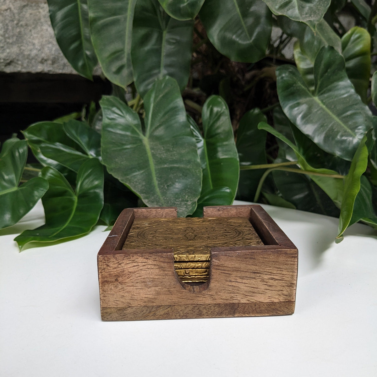 Wooden Coasters with brass emboss (set of four)