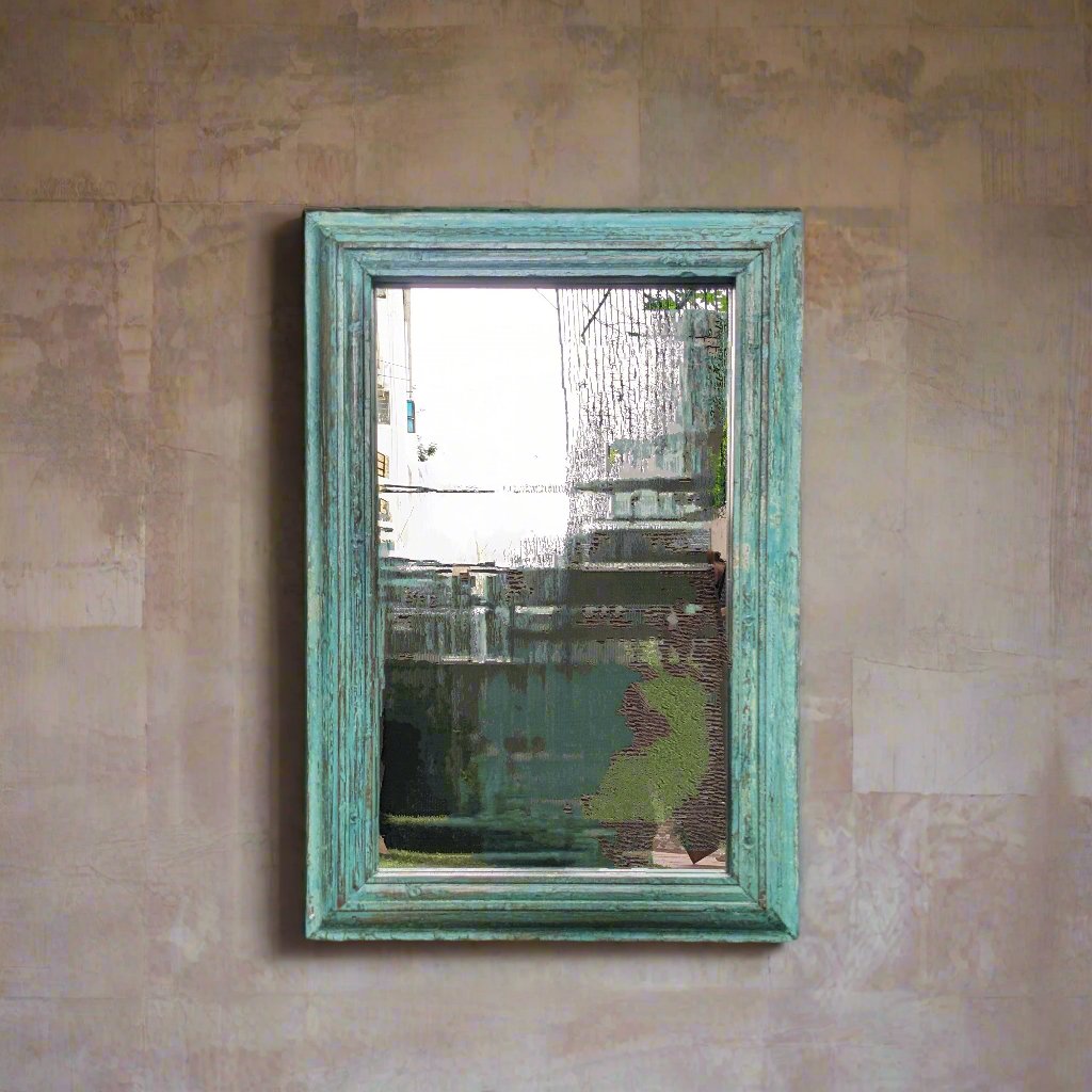 Distressed Turquoise Green wooden frame with mirror