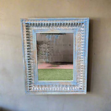 Carved Wooden Frame with mirror in distressed blue