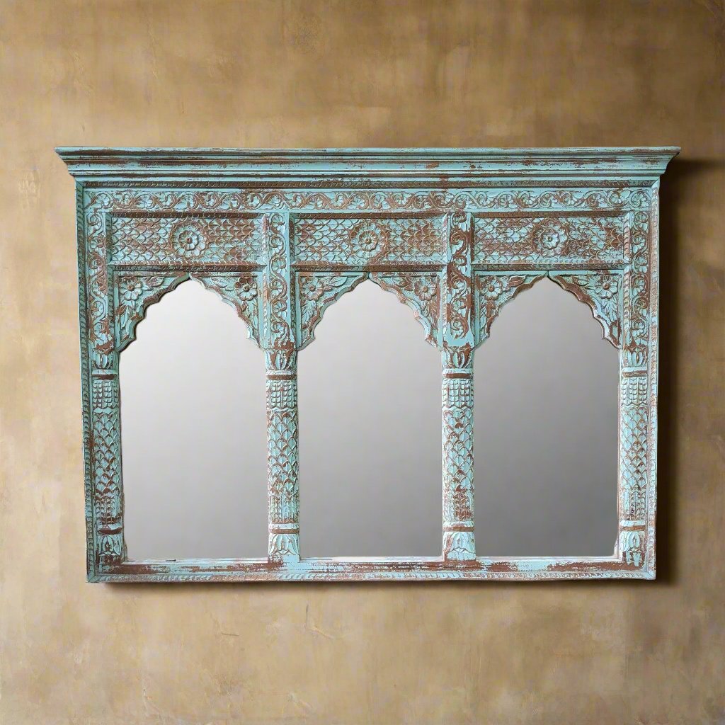 Distressed Teal Green Jharokha Mirror