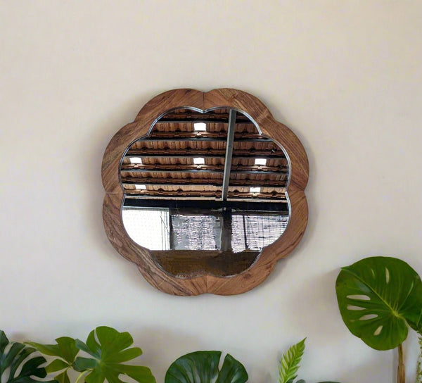 Round Wooden Floral patterned frame with mirror