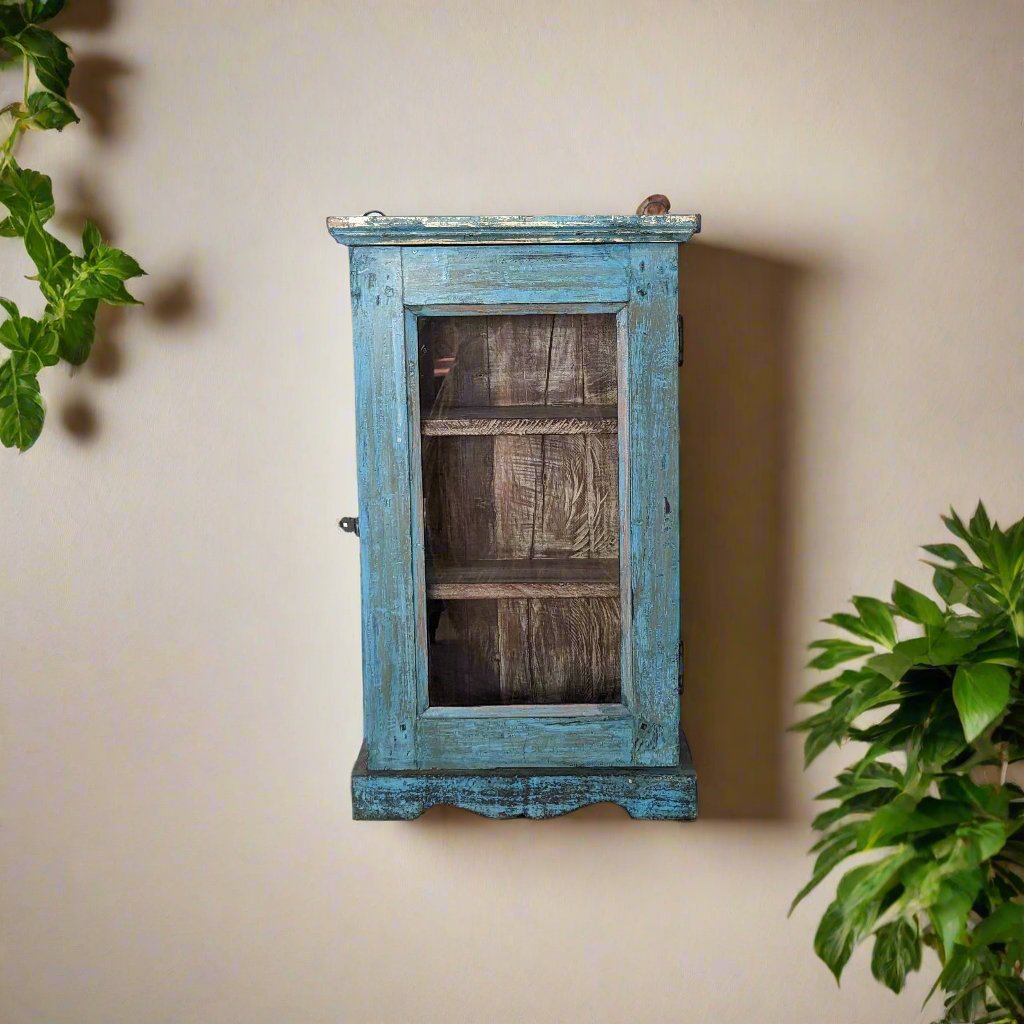 Blue Wooden Wall Mount Cabinet with shelves