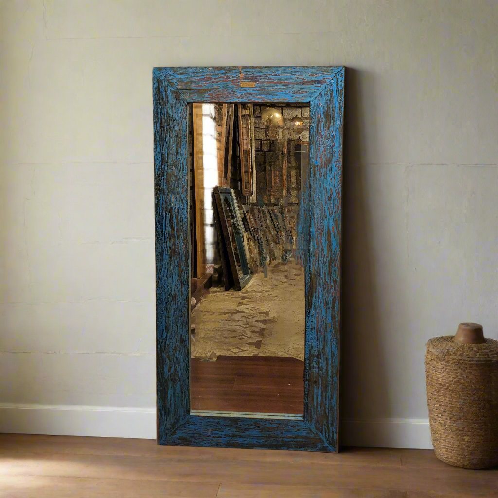 Distressed Blue Wooden Frame Mirror