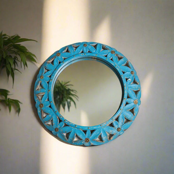 Carved Wooden Round Mirror in Blue with brass details