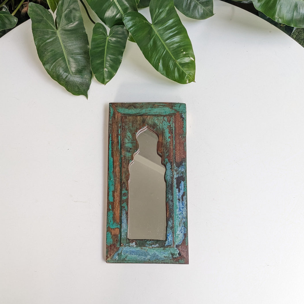 Small Jharokha Mirror in Distressed Green-Brown