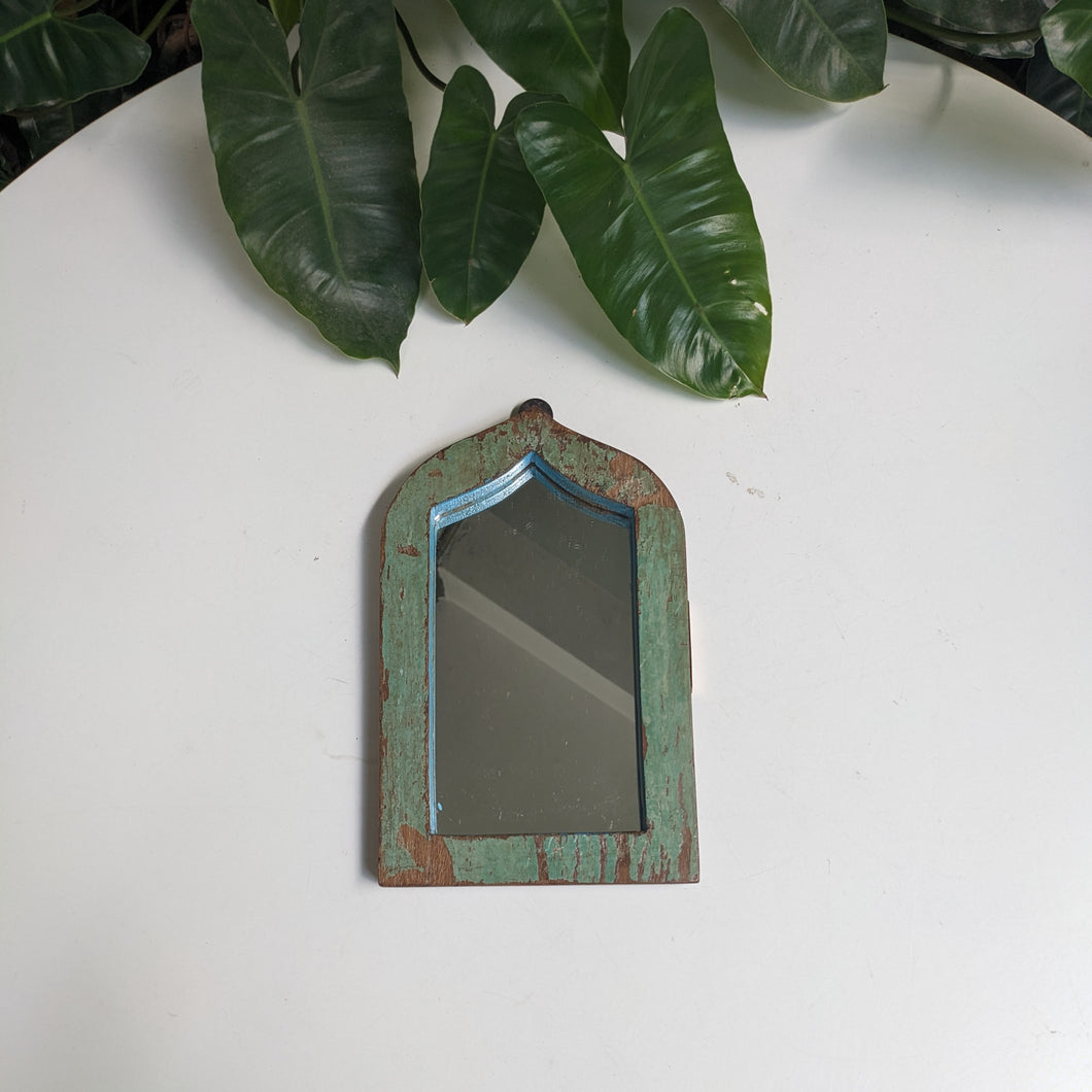 Small Jharokha Mirror in Distressed Green and Brown (Blue rim)