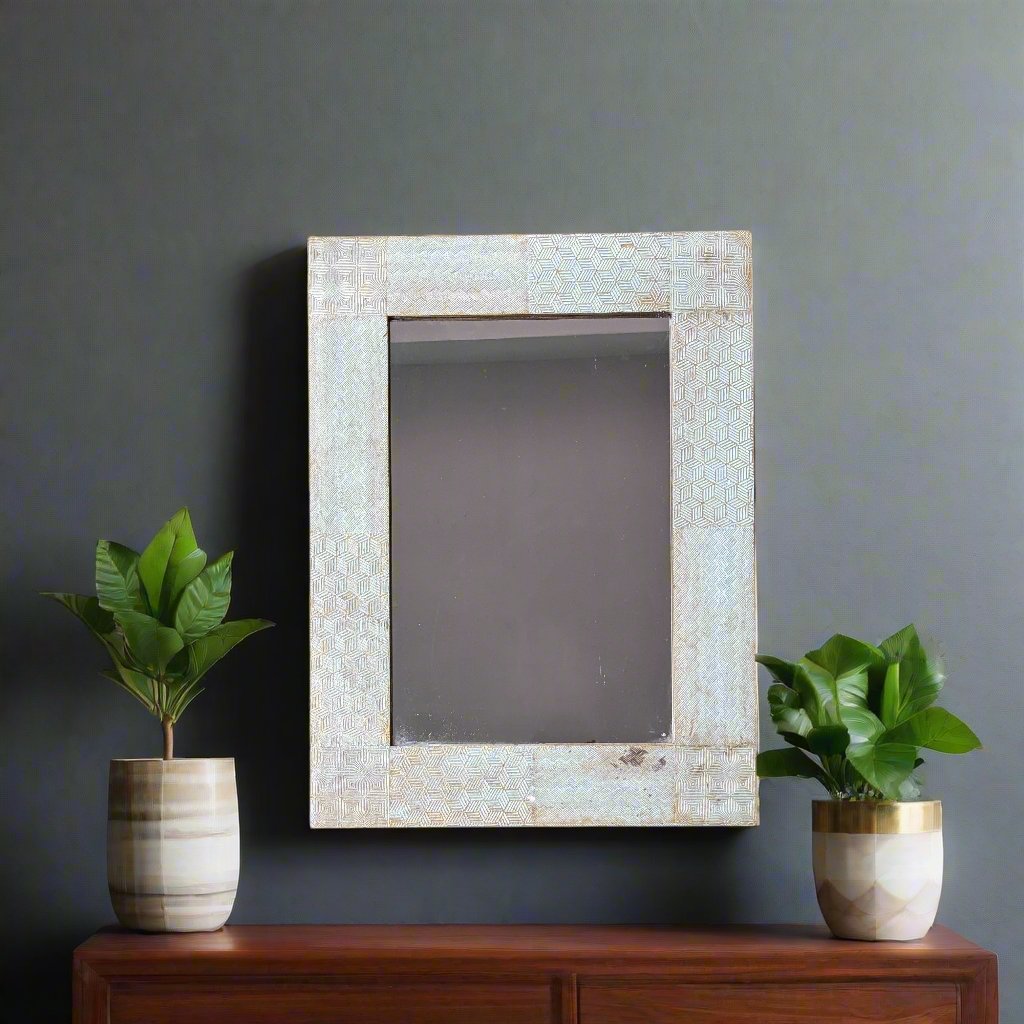 Light Blue and Gold Geometric patterned frame with mirror