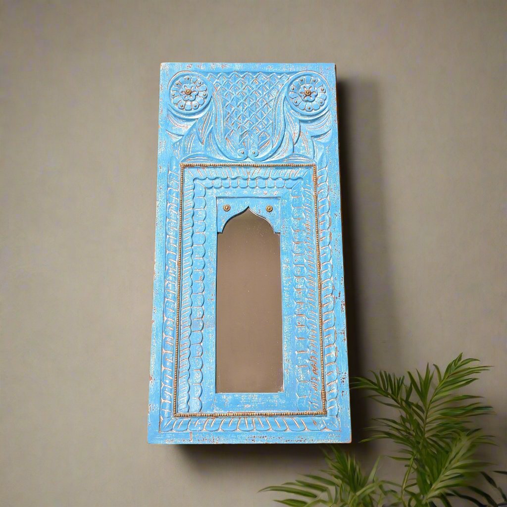 Blue Jharokha Mirror with Brass details