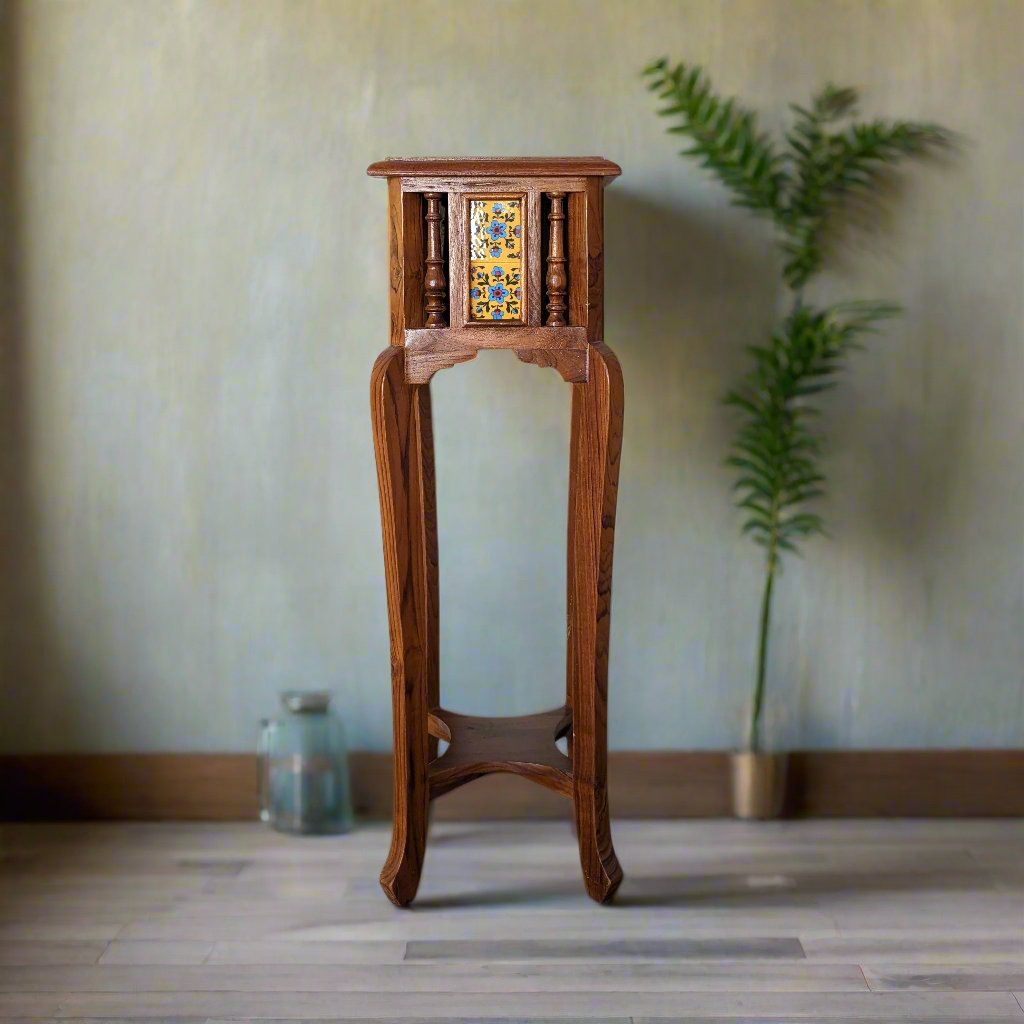 Tile and Wood Tall Stool/ Side Table/ Planter