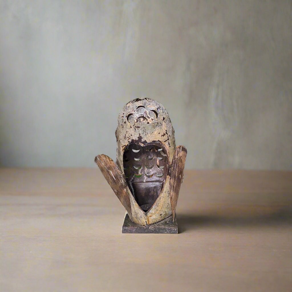 Distressed Grey Metal Owl Candle holder
