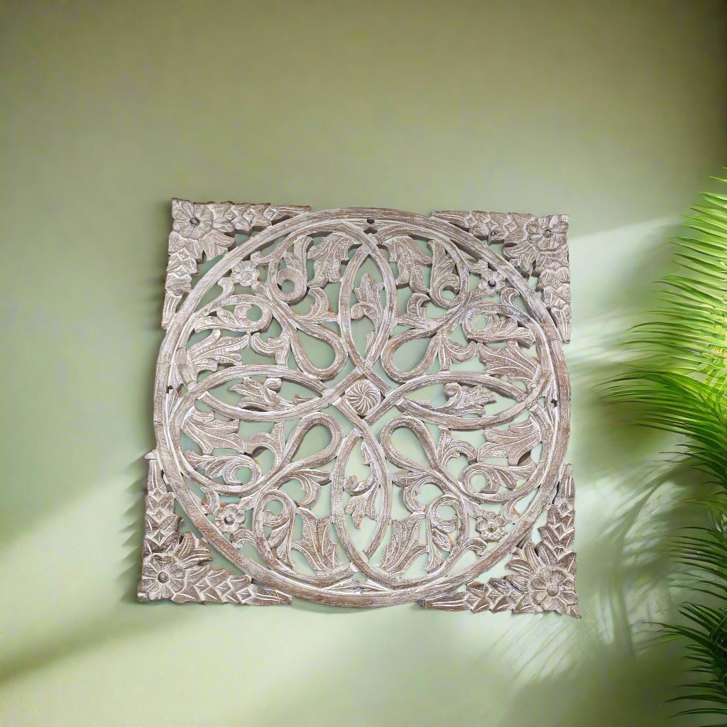 Distressed White Carved Wooden Wall Decor