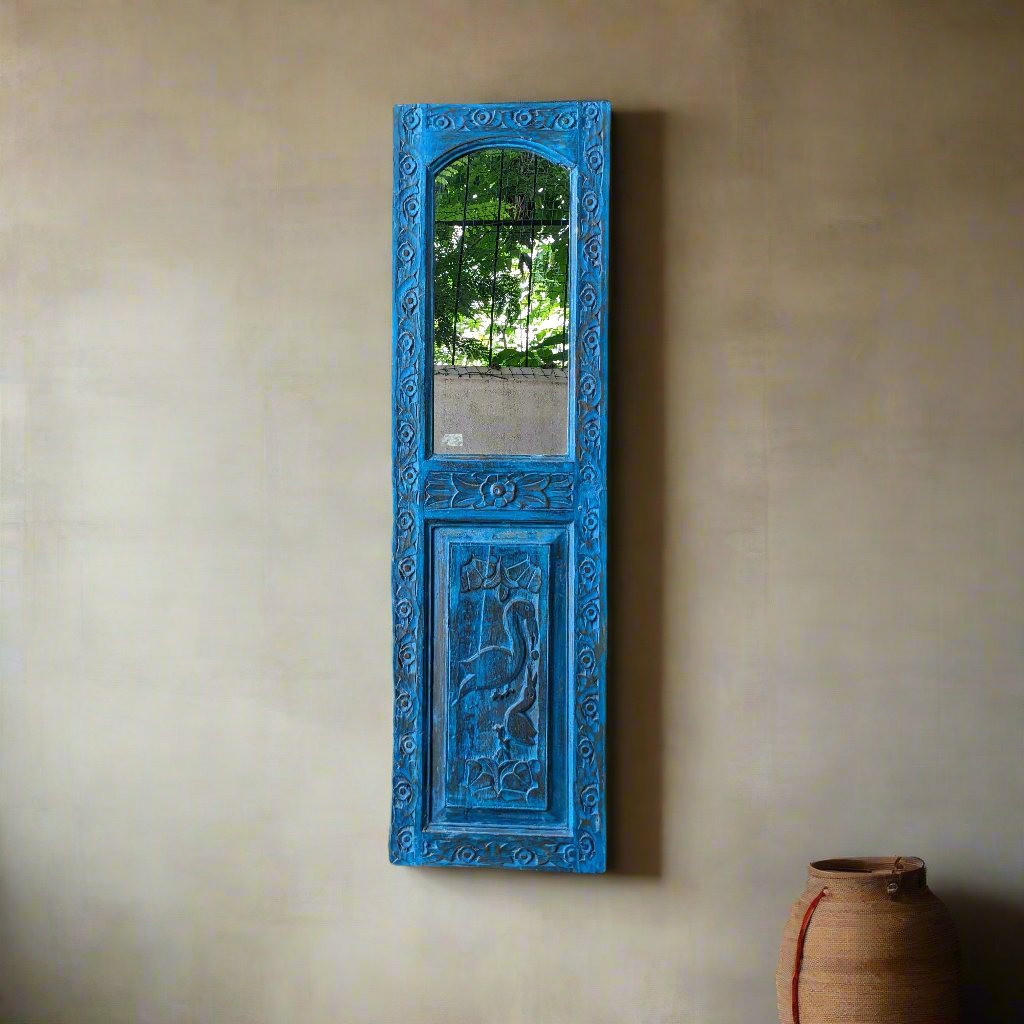 Carved Blue Upcycled Shutter with Mirror