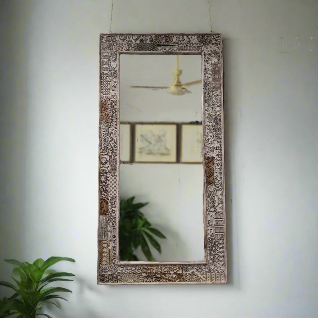 Beige Block Print Block frame with mirror