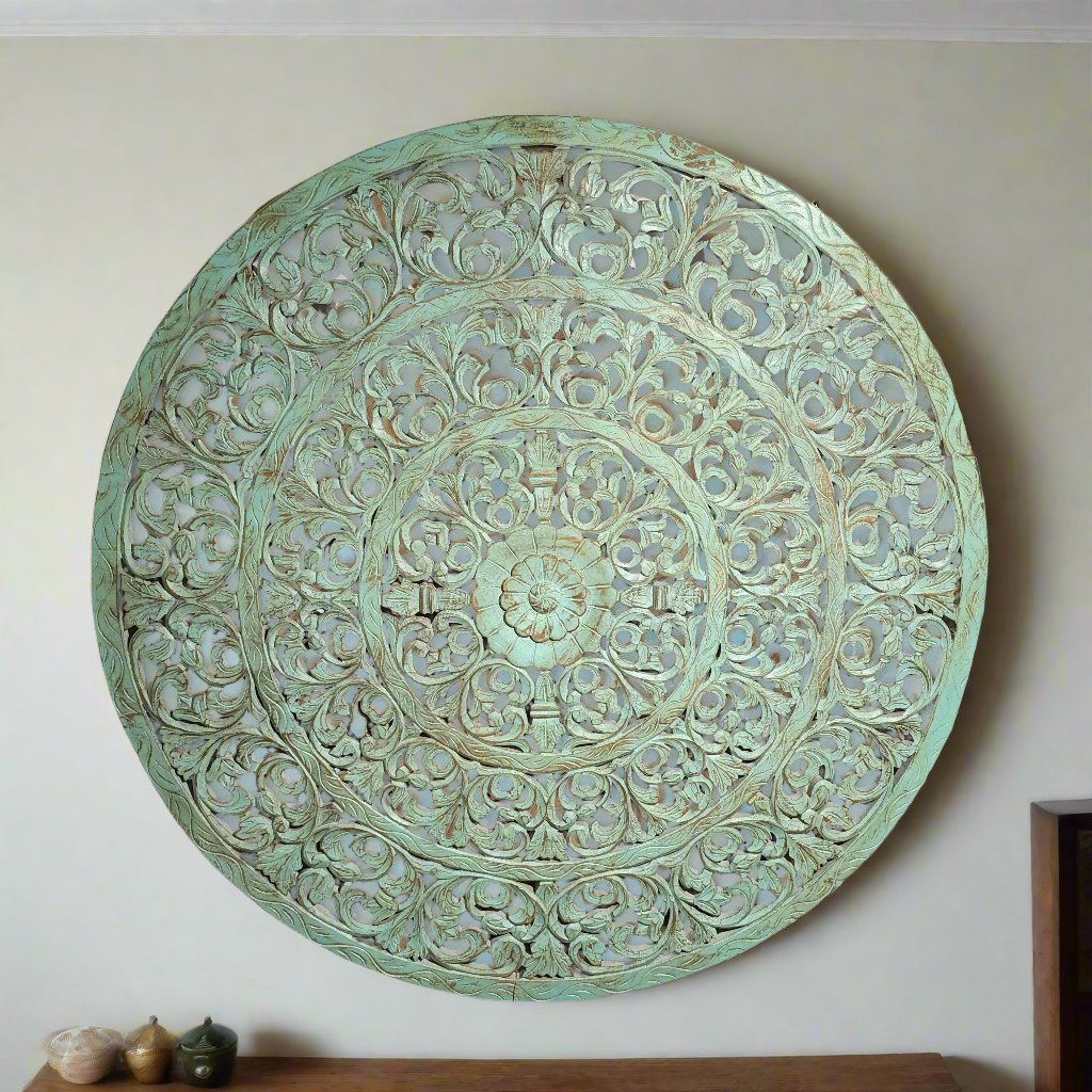 Carved Wooden Round Wall Panel in Pastel Green