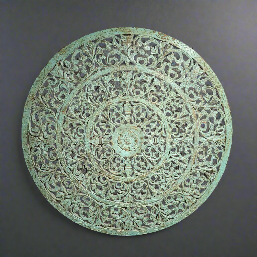 Carved Wooden Round Wall Panel in Pastel Green
