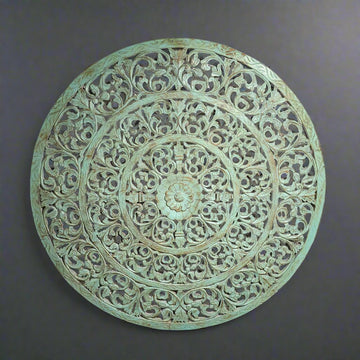 Carved Wooden Round Wall Panel in Pastel Green
